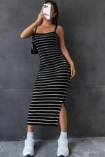 Kadın Askılı Yandan Yırtmaçlı Uzun Ottoman Elbise - Seçenekler: 2XL-3XL, S-M, L-XL