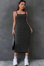 Kadın Askılı Yandan Yırtmaçlı Uzun Ottoman Elbise - Seçenekler: 2XL-3XL, S-M, L-XL