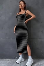 Kadın Askılı Yandan Yırtmaçlı Uzun Ottoman Elbise - Seçenekler: 2XL-3XL, S-M, L-XL