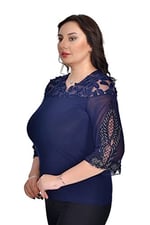 Kadın Büyük Beden İçi Sandy Kumaş Önü Şifon Roba Dantel Taşlı ve İnci Detaylı Bluz
