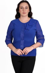 Kadın Büyük Beden Sandy Kumaş Ön ve Yaka Dantelli Detaylı Bluz