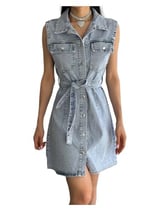 Kadın Çıtçıt Kapamalı Kuşaklı Kot Elbise Kolsuz Çift Cepli Cepler Kapamasız No430-9644