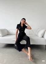 Kadın Düğme Detay Gömlek Yaka Kısa Kol Bilek Boy Vatkalı Krep Kumaş Tulum
