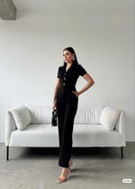 Kadın Düğme Detay Gömlek Yaka Kısa Kol Bilek Boy Vatkalı Krep Kumaş Tulum
