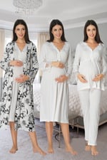 Kadın Ekru Hamle Lohusa Sabahlıklı Gecelik Ve Pjama Takımı 4'lü Set