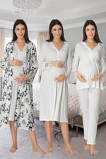 Kadın Ekru Hamle Lohusa Sabahlıklı Gecelik Ve Pjama Takımı 4'lü Set