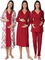 Kadın Ekru Hamle Lohusa Sabahlıklı Gecelik Ve Pjama Takımı 4'lü Set