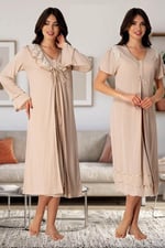 Kadın Ekru Sabahlıklı Hamile Lohusa Gecelik Takım (Ekru / 2XL)-Effortt8025-19804IGP27167922