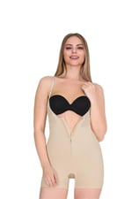 Kadın Fermuarlı Agraflı Askılı Kısa Paça Ten Body Korse 9033