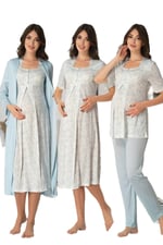 Kadın Gri Hamile Lohusa Sabahlık Gecelik Pijama Takım 4'lü Set