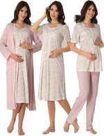 Kadın Gri Hamile Lohusa Sabahlık Gecelik Pijama Takım 4'lü Set
