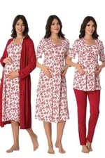 Kadın Gri Hamile Lohusa Sabahlıklı Gecelik Ve Pijama Takımı 4'lü Set
