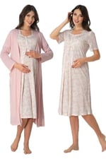 Kadın Gri Hamile Lohusa Sabahlıklı Gecelik Takım 2 Li Set (Gri / 2XL)