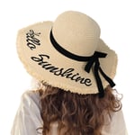 Kadın Hasır Güneş Plaj Şapkası Disket Geniş Kenarlı Katlanabilir Paketlenebilir Seyahat Tropikal Tatil Yaz UV Şapka, Bej/Hello Sunshine, M-XL