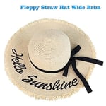 Kadın Hasır Güneş Plaj Şapkası Disket Geniş Kenarlı Katlanabilir Paketlenebilir Seyahat Tropikal Tatil Yaz UV Şapka, Bej/Hello Sunshine, M-XL