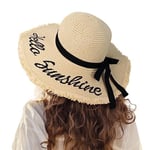 Kadın Hasır Güneş Plaj Şapkası Disket Geniş Kenarlı Katlanabilir Paketlenebilir Seyahat Tropikal Tatil Yaz UV Şapka, Bej/Hello Sunshine, M-XL