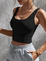 Kadın Kare Yaka Siyah Slim Fit Crop Top Bluz