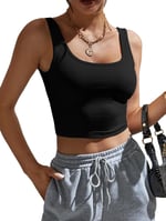Kadın Kare Yaka Siyah Slim Fit Crop Top Bluz