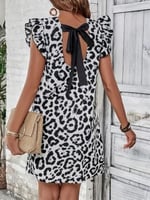 Kadın Kısa Kollu Kolları Fırfır Detay Arkası Bağlamalı Leopar Desen Kolsuz Mini Mikro Elbise - Seçenekler: 2XL-3XL, S-M, L-XL