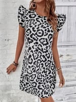 Kadın Kısa Kollu Kolları Fırfır Detay Arkası Bağlamalı Leopar Desen Kolsuz Mini Mikro Elbise - Seçenekler: 2XL-3XL, S-M, L-XL