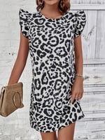 Kadın Kısa Kollu Kolları Fırfır Detay Arkası Bağlamalı Leopar Desen Kolsuz Mini Mikro Elbise - Seçenekler: 2XL-3XL, S-M, L-XL