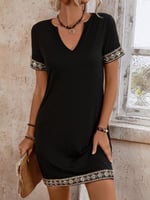 Kadın Kısa Kollu V Yakalı Mini Krep Elbise - Seçenekler: 2XL-3XL, S-M, L-XL