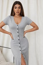 Kadın Kısa Kollu V Yakalı önden Düğme Detaylı Uzun Kaşkorse Elbise - Seçenekler: 2XL-3XL, S-M