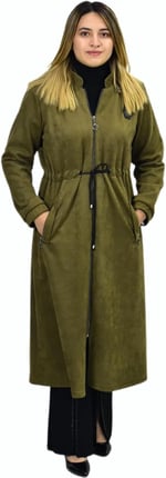 Kadın Kışlık Cepli Fermuarlı Kapüşonlu Süet Kap Tunik BGL-ST03306