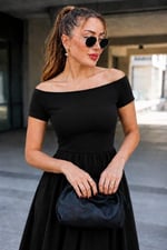 Kadın Madonna Yaka Kısa Kollu Kısa Janjan Krep Elbise - Seçenekler: 2XL-3XL, S-M, L-XL