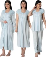 Kadın Mavi Hamile Lohusa 4'lü Sabahlık Pijama Gecelik Set