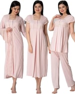 Kadın Mavi Hamile Lohusa 4'lü Sabahlık Pijama Gecelik Set