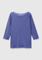 Kadın Mavi%100 Pamuk Sol Altı Logolu Uzun Kollu Kayık Yaka T-Shirt