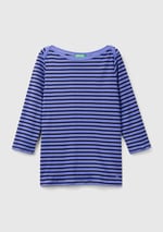 Kadın Mavi%100 Pamuk Sol Altı Logolu Uzun Kollu Kayık Yaka T-Shirt