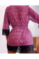 Kadın Mor Leopar Desenli Sabahlık Tanga Takım - 3596 Mor/Leopar L/XL