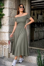 Kadın Omuzlardan Açık Lastikli Uzun Viskon Elbise - Seçenekler: 2XL-3XL, S-M, L-XL