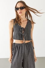 Kadın Önü Bağlamalı Keten Görünümlü Yelek - Siyah - Bedenler: XS, S, M, L, XL