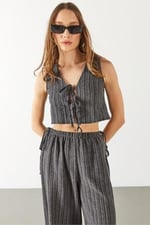 Kadın Önü Bağlamalı Keten Görünümlü Yelek - Siyah - Bedenler: XS, S, M, L, XL
