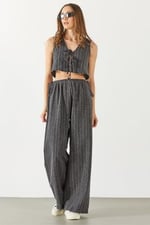 Kadın Önü Bağlamalı Keten Görünümlü Yelek - Siyah - Bedenler: XS, S, M, L, XL