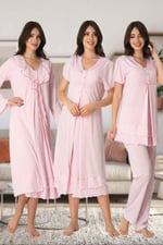 Kadın Pembe Hamile Lohusa Sabahlılı Gecelik ve Pijama Takım 4 lü Set (Pembe / 2XL)-E8026EF-19804IGP255416
