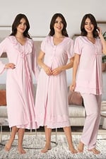 Kadın Pembe Hamile Lohusa Sabahlılı Gecelik ve Pijama Takım 4 lü Set (Pembe / 2XL)-E8026EF-19804IGP255416