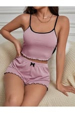 Kadın Pembe Renk Kaşkorse Kumaş Şortlu Şık Gecelik