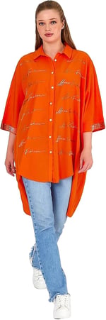 Kadın Taş Baskılı Oversize Gömlek | Boydan Düğmeli Tunik | Tesettür Salaş Poplin Gömlek