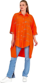 Kadın Taş Baskılı Oversize Gömlek | Boydan Düğmeli Tunik | Tesettür Salaş Poplin Gömlek