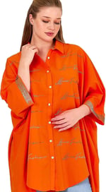 Kadın Taş Baskılı Oversize Gömlek | Boydan Düğmeli Tunik | Tesettür Salaş Poplin Gömlek
