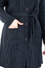 Kadın Uzun Düğmeli Cepli Kuşaklı Yakalı Yün Hırka Anne Hırka