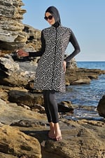 Kadın Uzun Kol Fermuarlı Likralı Dokuma Siyah Tam Tesettür Mayo 2C3T1N11-9
