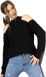 Kadın Yarım Balıkçı Omuz Dekolteli Salaş Triko Kazak