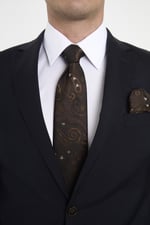 Kahverengi Beyaz Şal Motif Desen Kravat Mendil Set