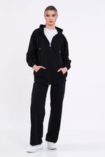 Kanguru Cepli Kapüşonlu Fermuarlı Oversize Kadın Sweatshirt