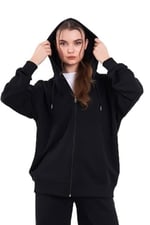 Kanguru Cepli Kapüşonlu Fermuarlı Oversize Kadın Sweatshirt